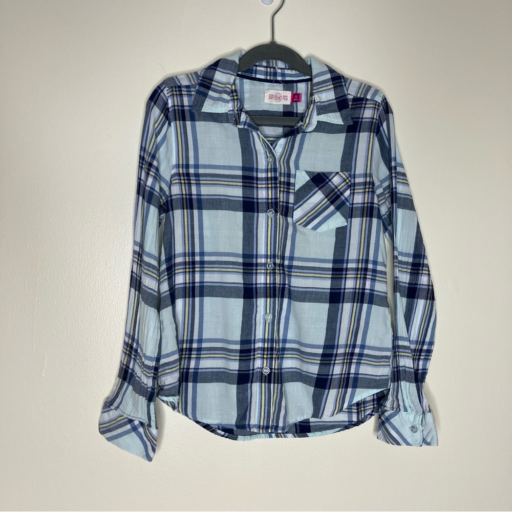 SO girls blue plaid cotton long sleeve button down shirt 10